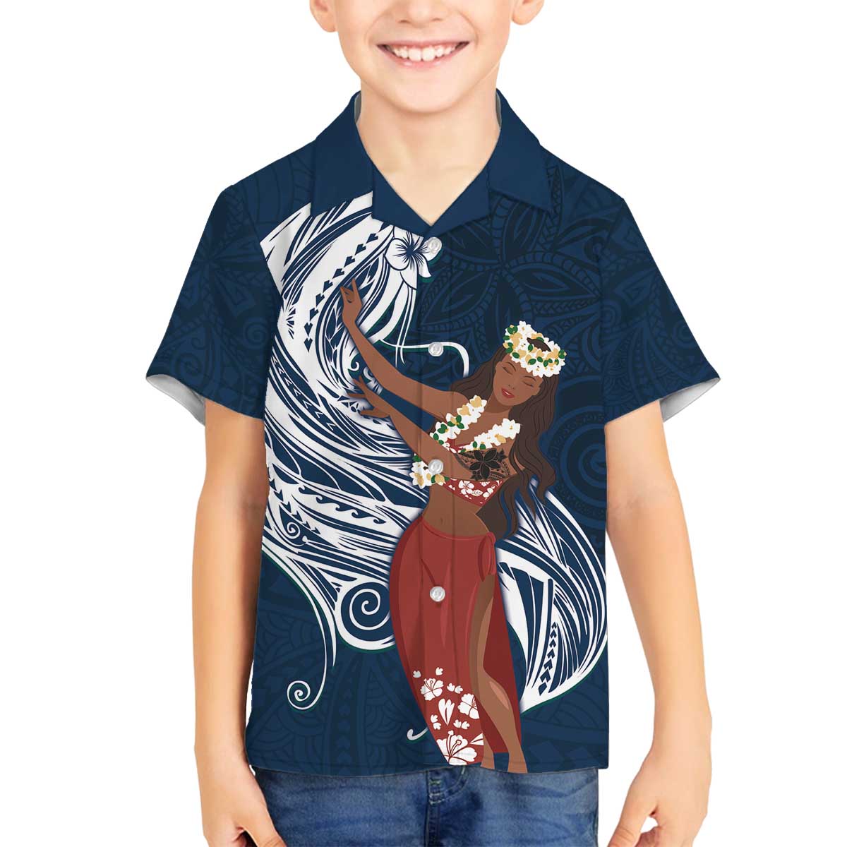 Tahiti Islands Polynesian Plumeria Family Matching Off Shoulder Short Dress and Hawaiian Shirt Tahitian Vahine 'Ote'a - Navy Blue LT7 Son's Shirt Blue - Polynesian Pride