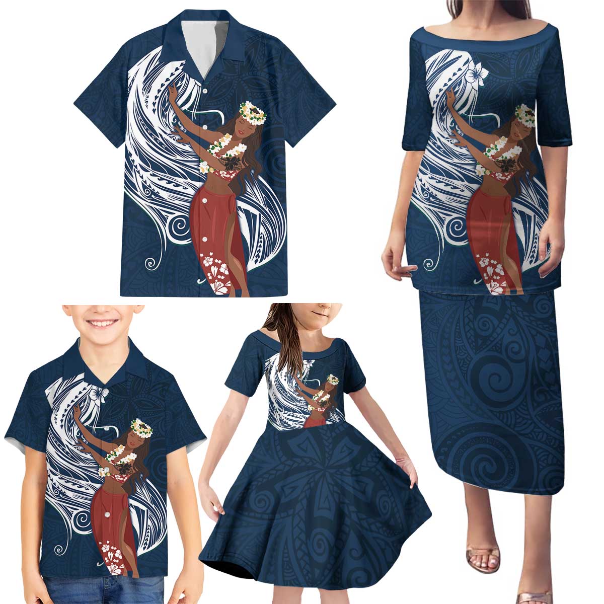 Tahiti Islands Polynesian Plumeria Family Matching Puletasi and Hawaiian Shirt Tahitian Vahine 'Ote'a - Navy Blue LT7 - Polynesian Pride