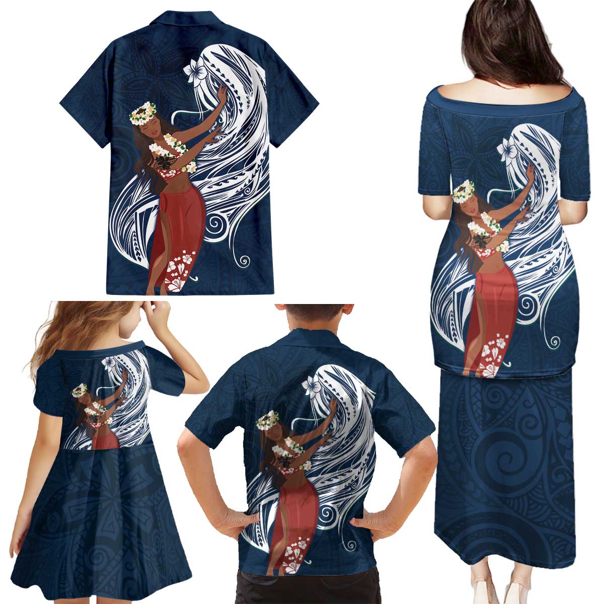 Tahiti Islands Polynesian Plumeria Family Matching Puletasi and Hawaiian Shirt Tahitian Vahine 'Ote'a - Navy Blue LT7 - Polynesian Pride