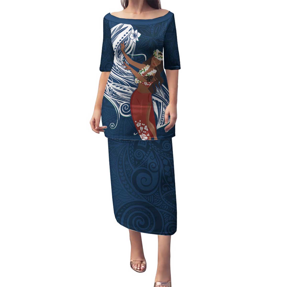 Tahiti Islands Polynesian Plumeria Family Matching Puletasi and Hawaiian Shirt Tahitian Vahine 'Ote'a - Navy Blue LT7 Mom's Dress Blue - Polynesian Pride