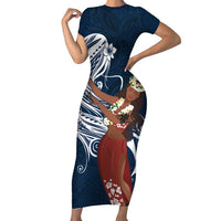 Tahiti Islands Polynesian Plumeria Family Matching Short Sleeve Bodycon Dress and Hawaiian Shirt Tahitian Vahine 'Ote'a - Navy Blue LT7 Mom's Dress Blue - Polynesian Pride