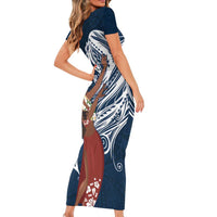 Tahiti Islands Polynesian Plumeria Family Matching Short Sleeve Bodycon Dress and Hawaiian Shirt Tahitian Vahine 'Ote'a - Navy Blue LT7 - Polynesian Pride