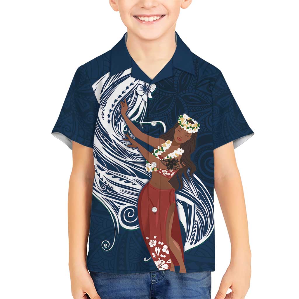 Tahiti Islands Polynesian Plumeria Family Matching Short Sleeve Bodycon Dress and Hawaiian Shirt Tahitian Vahine 'Ote'a - Navy Blue LT7 Son's Shirt Blue - Polynesian Pride