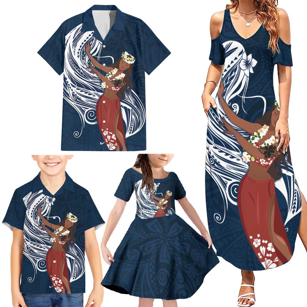 Tahiti Islands Polynesian Plumeria Family Matching Summer Maxi Dress and Hawaiian Shirt Tahitian Vahine 'Ote'a - Navy Blue LT7 - Polynesian Pride