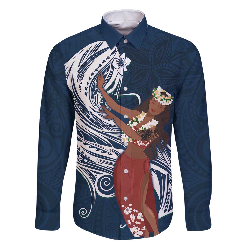 Tahiti Islands Polynesian Plumeria Family Matching Tank Maxi Dress and Hawaiian Shirt Tahitian Vahine 'Ote'a - Navy Blue LT7 Dad's Shirt - Long Sleeve Blue - Polynesian Pride