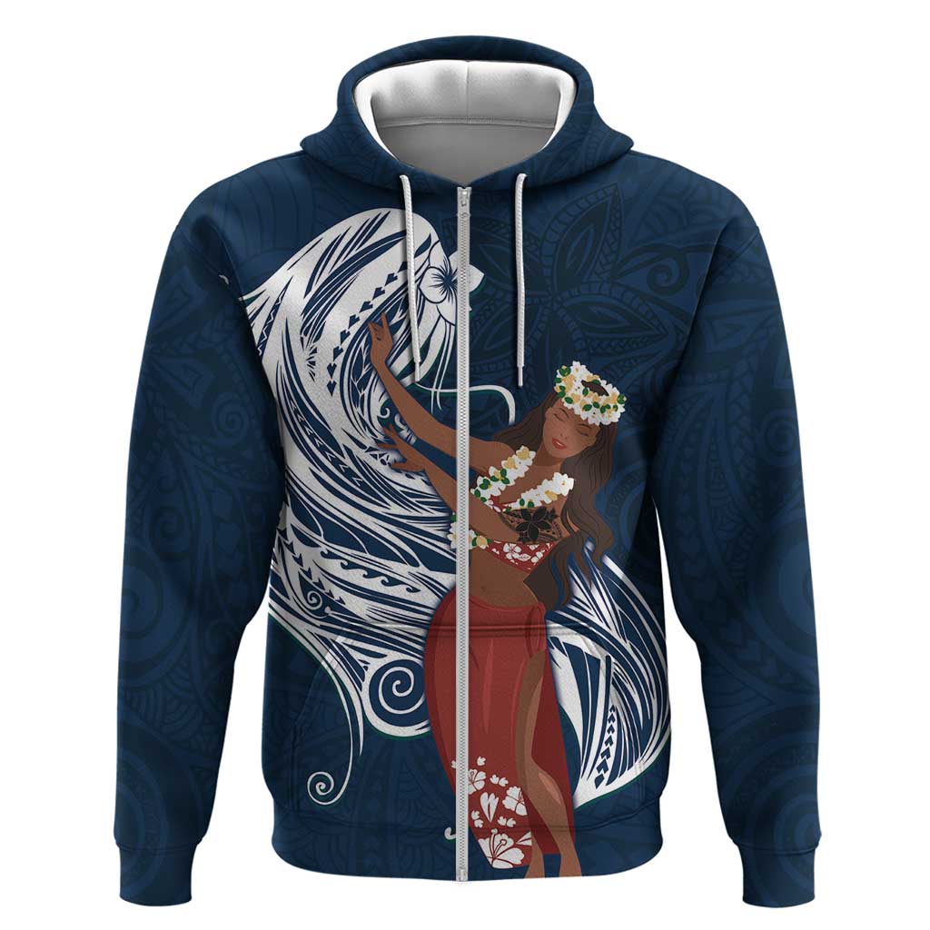 Tahiti Islands Polynesian Plumeria Hoodie Tahitian Vahine 'Ote'a - Navy Blue LT7 Zip Hoodie Blue - Polynesian Pride