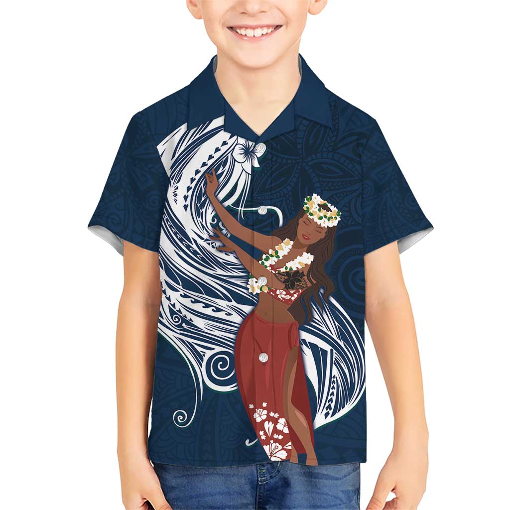 Tahiti Islands Polynesian Plumeria Kid Hawaiian Shirt Tahitian Vahine 'Ote'a - Navy Blue LT7 Kid Blue - Polynesian Pride