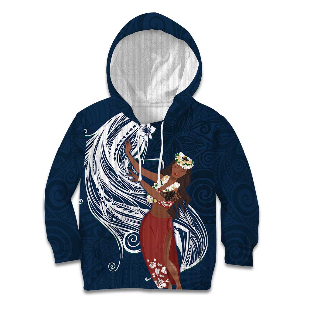 Tahiti Islands Polynesian Plumeria Kid Hoodie Tahitian Vahine 'Ote'a - Navy Blue LT7 Hoodie Blue - Polynesian Pride