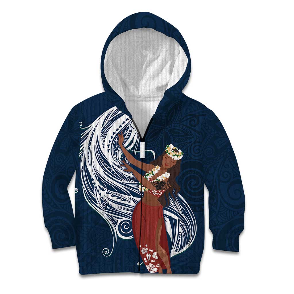 Tahiti Islands Polynesian Plumeria Kid Hoodie Tahitian Vahine 'Ote'a - Navy Blue LT7 Zip Hoodie Blue - Polynesian Pride