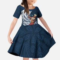 Tahiti Islands Polynesian Plumeria Kid Short Sleeve Dress Tahitian Vahine 'Ote'a - Navy Blue LT7 KID Blue - Polynesian Pride