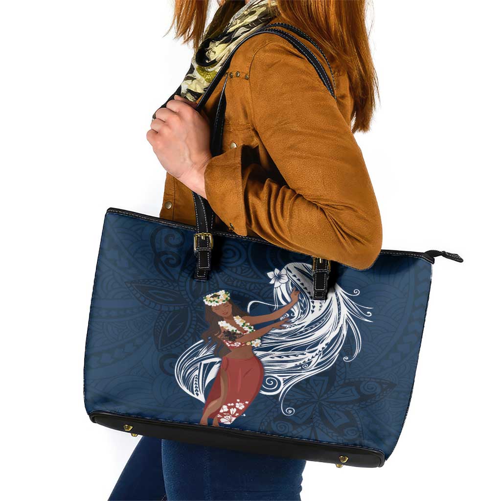 Tahiti Islands Polynesian Plumeria Leather Tote Bag Tahitian Vahine 'Ote'a - Navy Blue LT7 Blue - Polynesian Pride