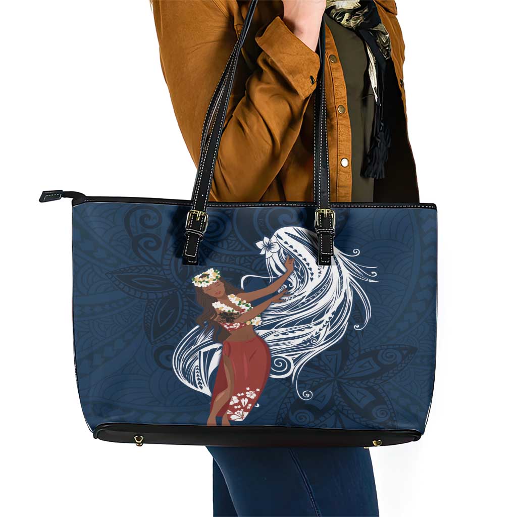 Tahiti Islands Polynesian Plumeria Leather Tote Bag Tahitian Vahine 'Ote'a - Navy Blue LT7 - Polynesian Pride
