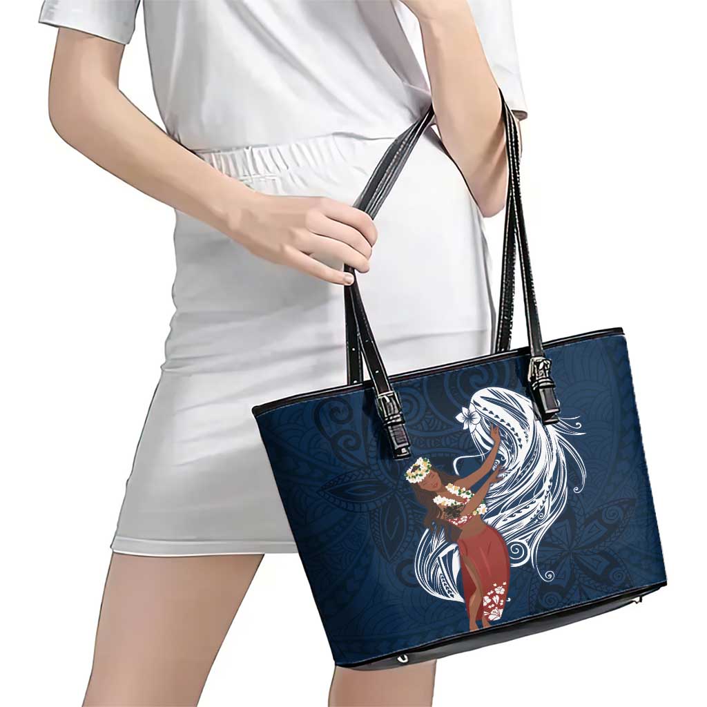 Tahiti Islands Polynesian Plumeria Leather Tote Bag Tahitian Vahine 'Ote'a - Navy Blue LT7 - Polynesian Pride