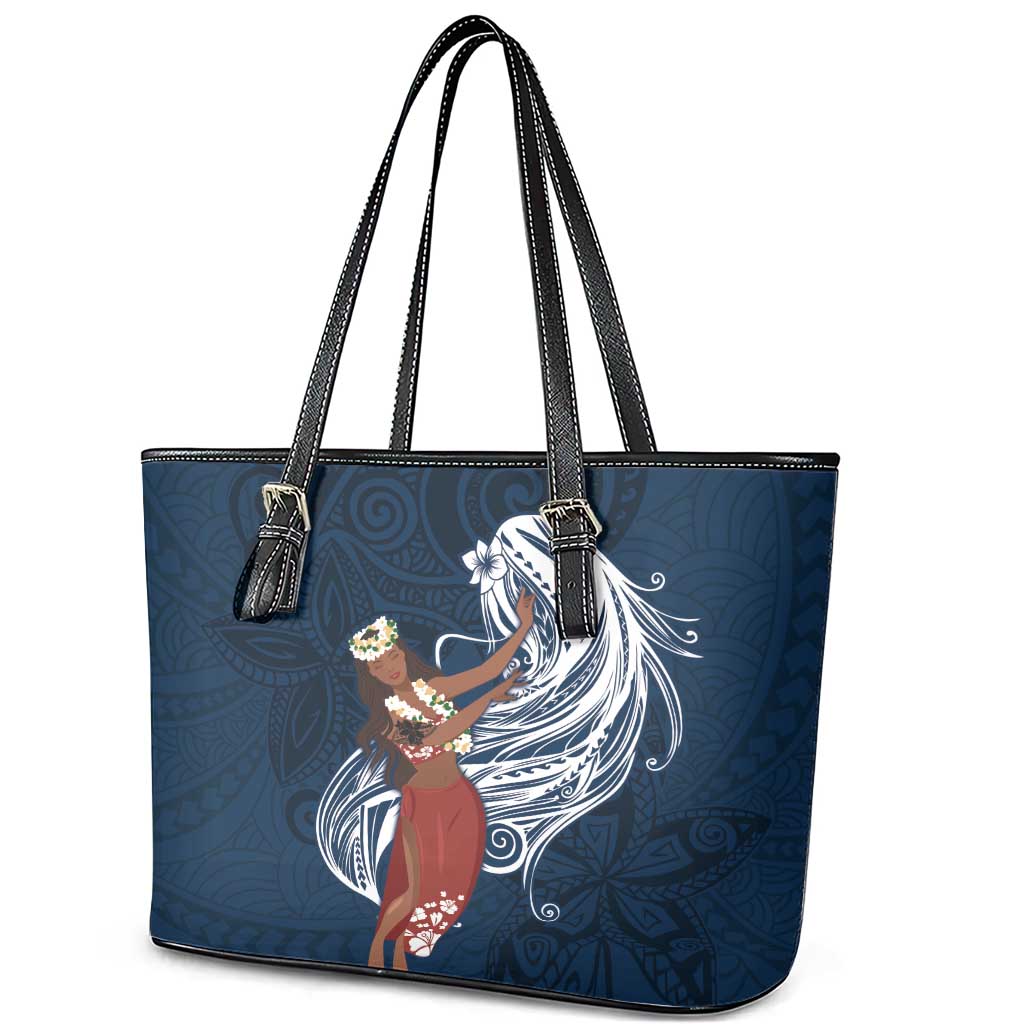Tahiti Islands Polynesian Plumeria Leather Tote Bag Tahitian Vahine 'Ote'a - Navy Blue LT7 - Polynesian Pride