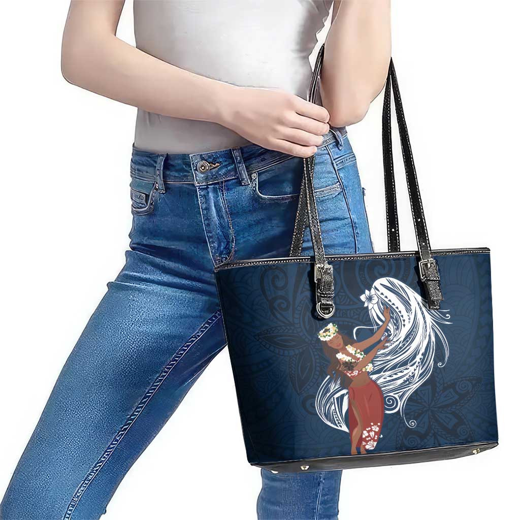 Tahiti Islands Polynesian Plumeria Leather Tote Bag Tahitian Vahine 'Ote'a - Navy Blue LT7 - Polynesian Pride