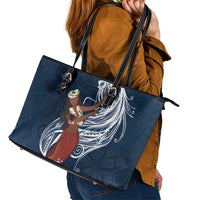 Tahiti Islands Polynesian Plumeria Leather Tote Bag Tahitian Vahine 'Ote'a - Navy Blue LT7 - Polynesian Pride