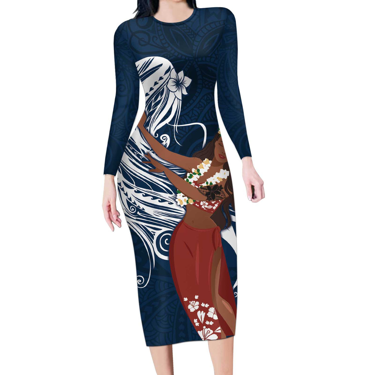 Tahiti Islands Polynesian Plumeria Long Sleeve Bodycon Dress Tahitian Vahine 'Ote'a - Navy Blue LT7 Long Dress Blue - Polynesian Pride