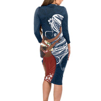 Tahiti Islands Polynesian Plumeria Long Sleeve Bodycon Dress Tahitian Vahine 'Ote'a - Navy Blue LT7 - Polynesian Pride