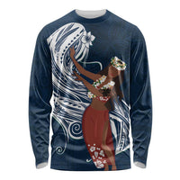 Tahiti Islands Polynesian Plumeria Long Sleeve Shirt Tahitian Vahine 'Ote'a - Navy Blue LT7 Unisex Blue - Polynesian Pride