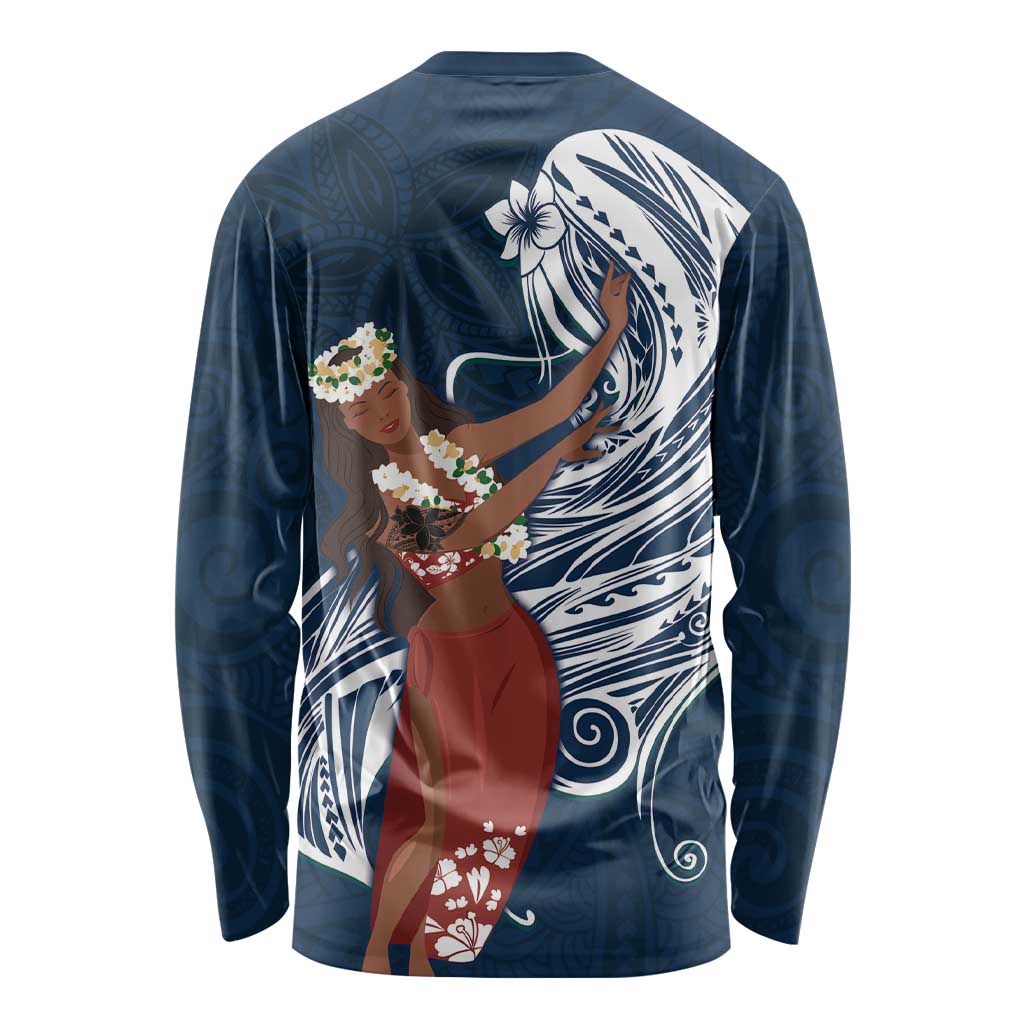 Tahiti Islands Polynesian Plumeria Long Sleeve Shirt Tahitian Vahine 'Ote'a - Navy Blue LT7 - Polynesian Pride