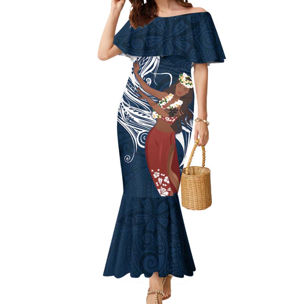 Tahiti Islands Polynesian Plumeria Mermaid Dress Tahitian Vahine 'Ote'a - Navy Blue LT7 Women Blue - Polynesian Pride