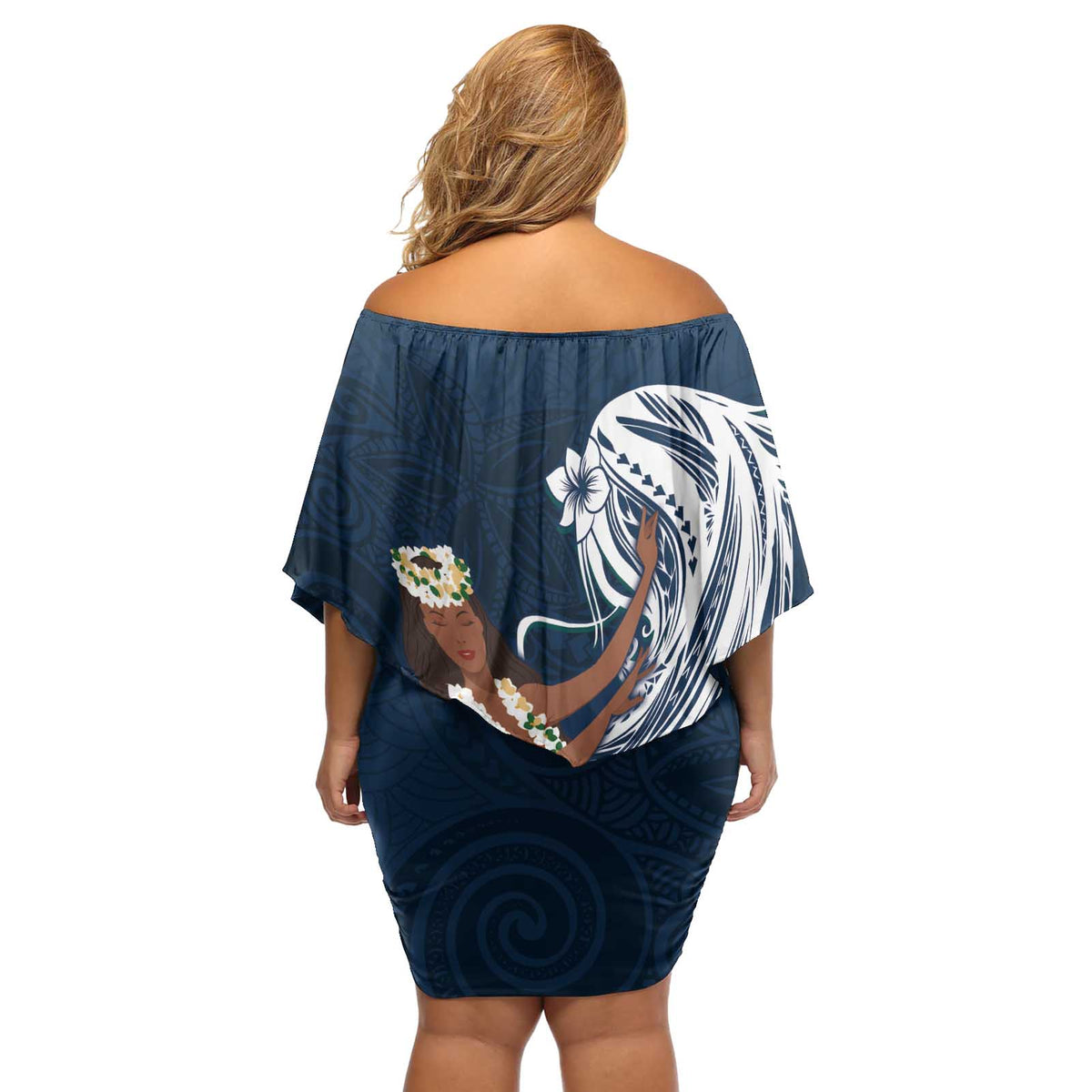 Tahiti Islands Polynesian Plumeria Off Shoulder Short Dress Tahitian Vahine 'Ote'a - Navy Blue LT7 - Polynesian Pride