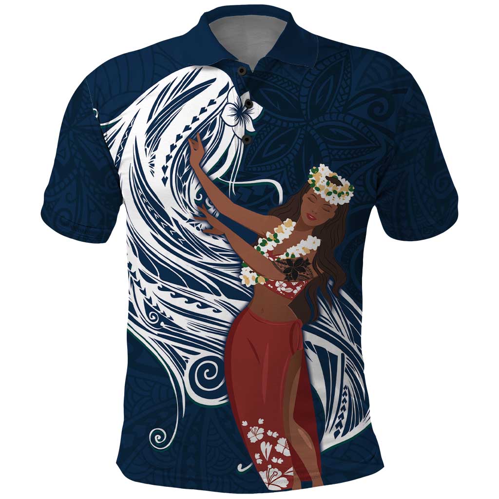 Tahiti Islands Polynesian Plumeria Polo Shirt Tahitian Vahine 'Ote'a - Navy Blue LT7 Blue - Polynesian Pride
