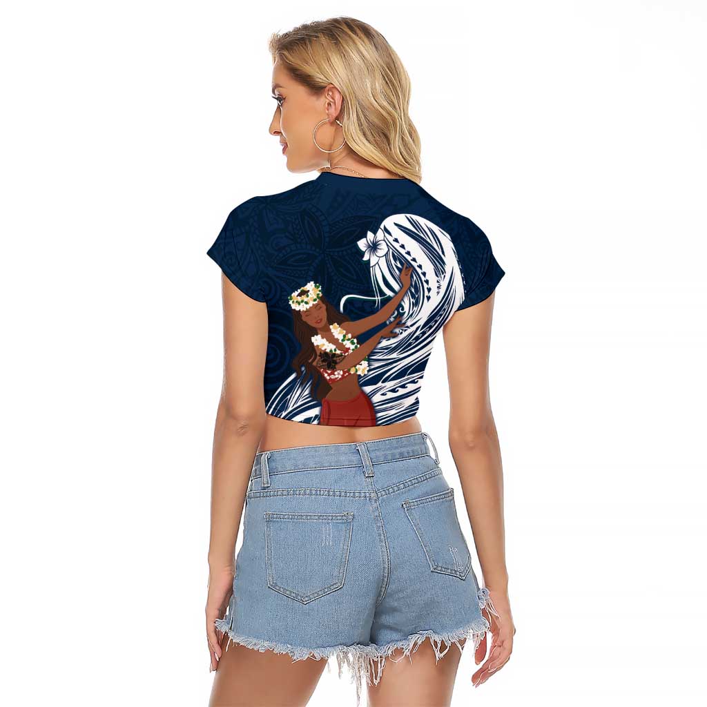 Tahiti Islands Polynesian Plumeria Raglan Cropped T Shirt Tahitian Vahine 'Ote'a - Navy Blue LT7 - Polynesian Pride