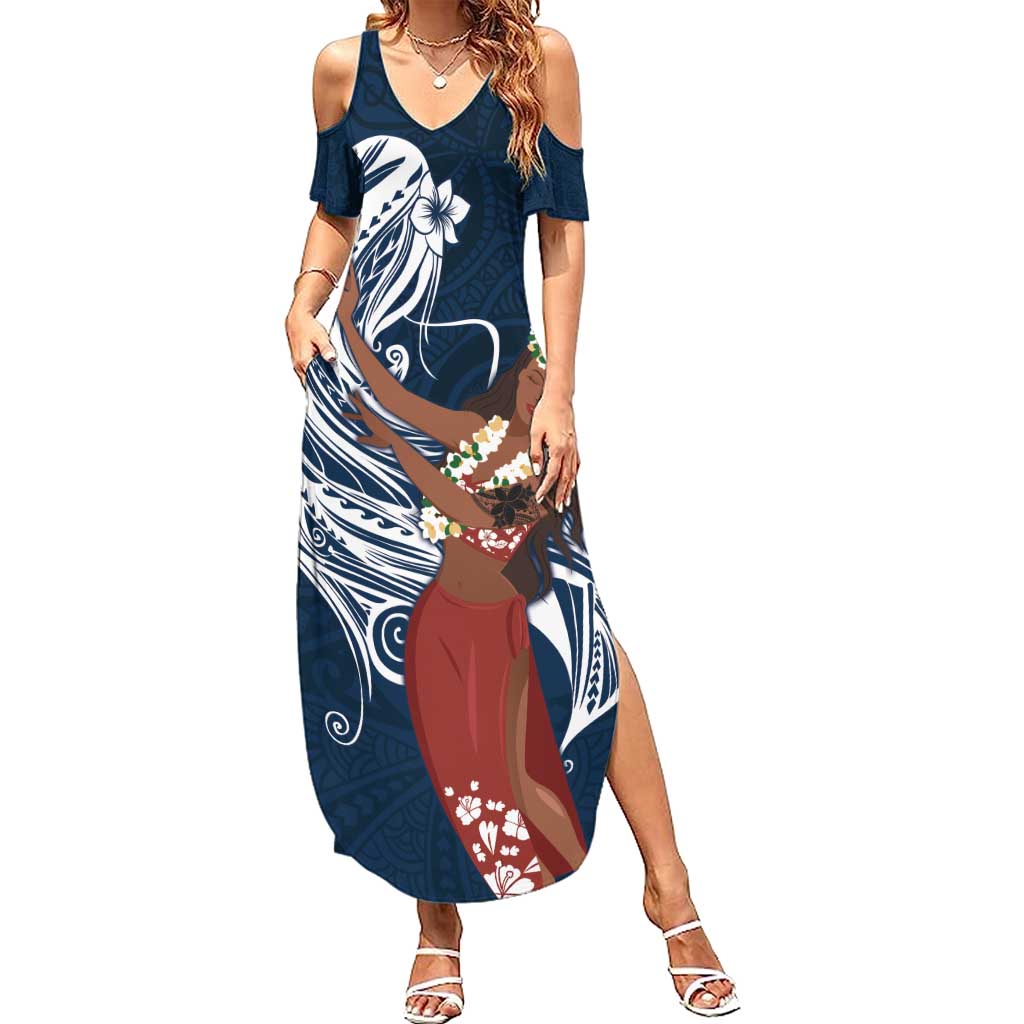 Tahiti Islands Polynesian Plumeria Summer Maxi Dress Tahitian Vahine 'Ote'a - Navy Blue LT7 Women Blue - Polynesian Pride