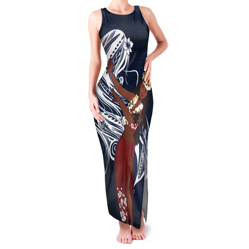 Tahiti Islands Polynesian Plumeria Tank Maxi Dress Tahitian Vahine 'Ote'a - Navy Blue LT7 Women Blue - Polynesian Pride