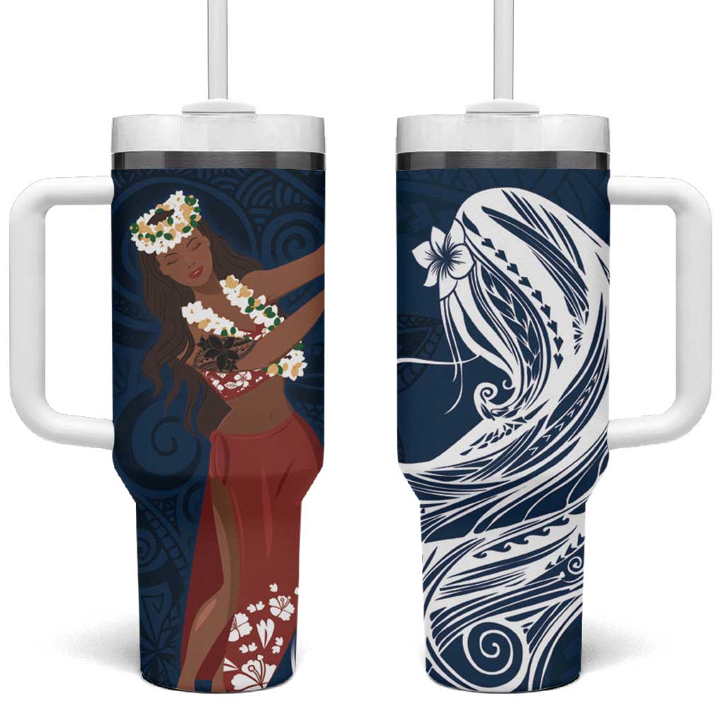 Tahiti Islands Polynesian Plumeria Tumbler With Handle Tahitian Vahine 'Ote'a - Navy Blue LT7 One Size: 40 oz Blue - Polynesian Pride
