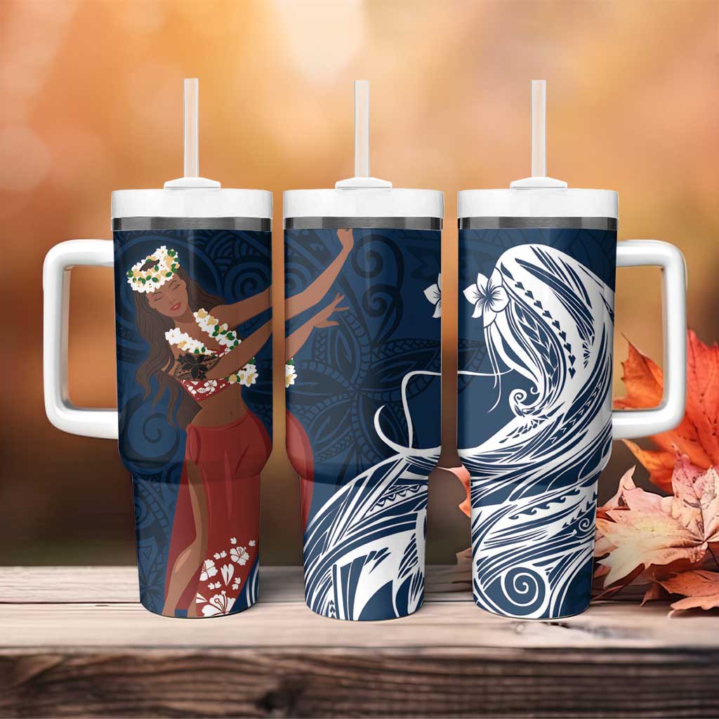 Tahiti Islands Polynesian Plumeria Tumbler With Handle Tahitian Vahine 'Ote'a - Navy Blue LT7 - Polynesian Pride