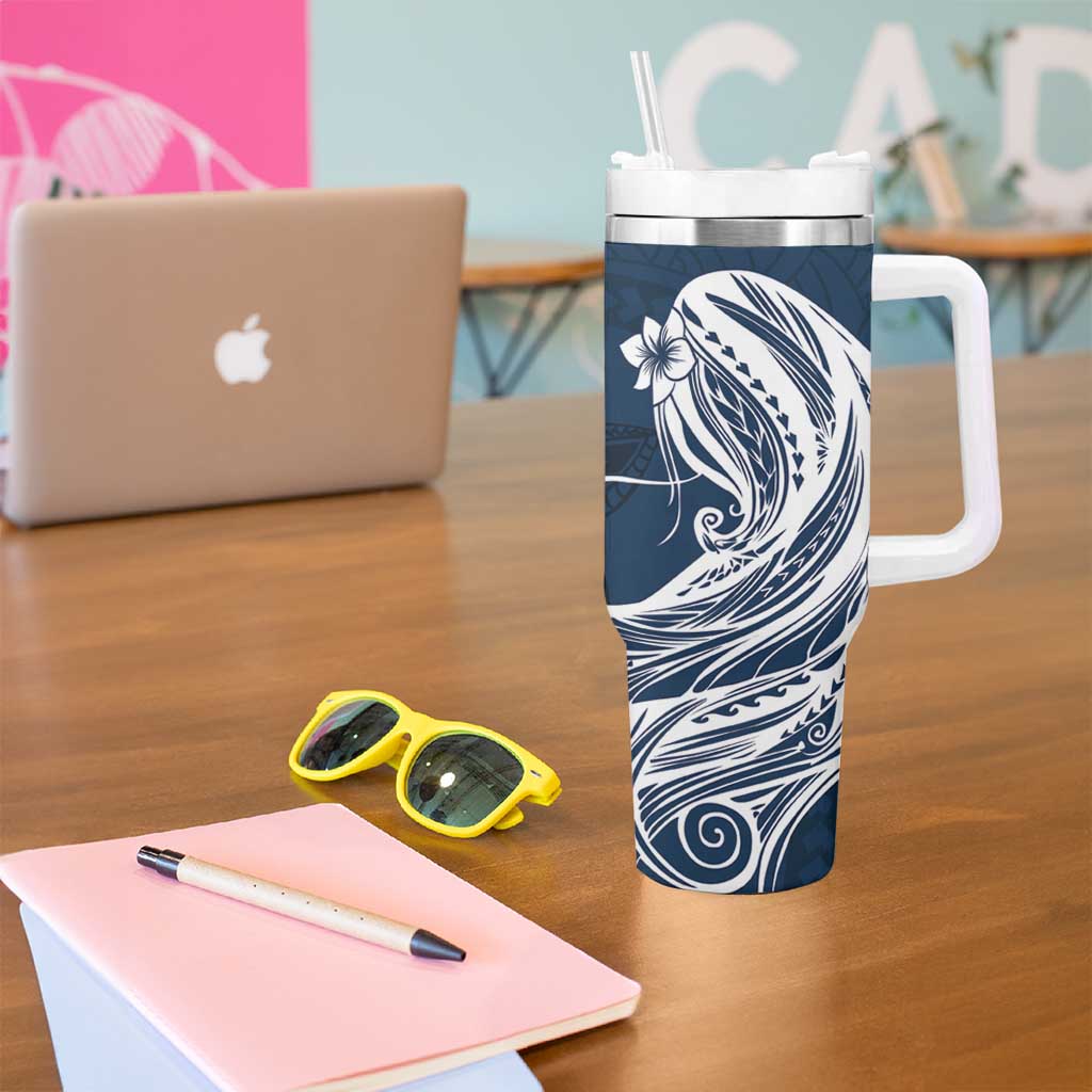 Tahiti Islands Polynesian Plumeria Tumbler With Handle Tahitian Vahine 'Ote'a - Navy Blue LT7 - Polynesian Pride