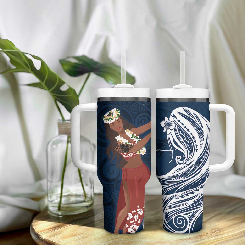 Tahiti Islands Polynesian Plumeria Tumbler With Handle Tahitian Vahine 'Ote'a - Navy Blue LT7 - Polynesian Pride