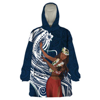 Tahiti Islands Polynesian Plumeria Wearable Blanket Hoodie Tahitian Vahine 'Ote'a - Navy Blue LT7 One Size Blue - Polynesian Pride