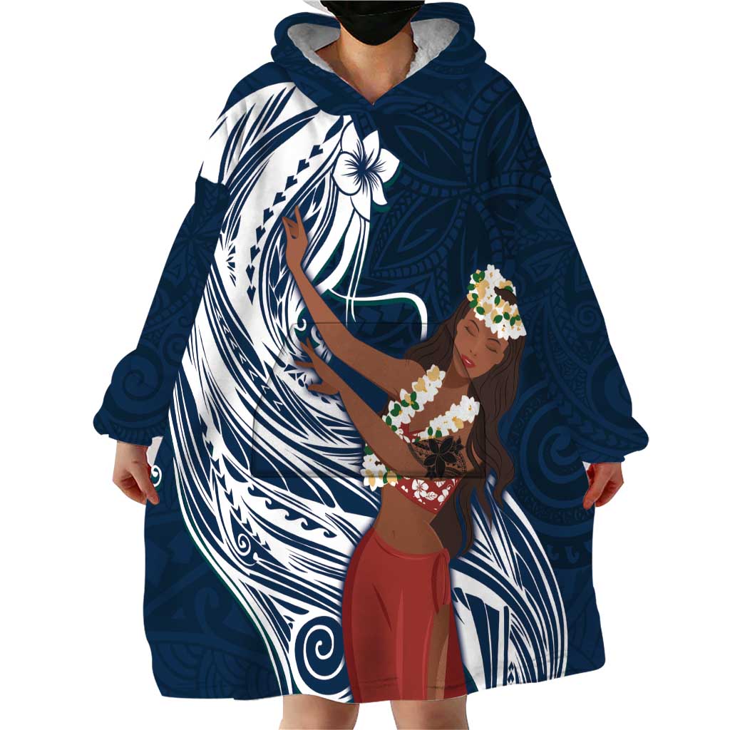 Tahiti Islands Polynesian Plumeria Wearable Blanket Hoodie Tahitian Vahine 'Ote'a - Navy Blue LT7 - Polynesian Pride