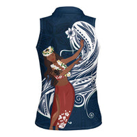 Tahiti Islands Polynesian Plumeria Women Sleeveless Polo Shirt Tahitian Vahine 'Ote'a - Navy Blue LT7 - Polynesian Pride