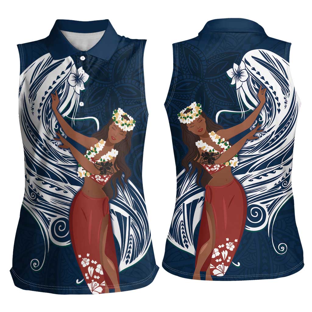 Tahiti Islands Polynesian Plumeria Women Sleeveless Polo Shirt Tahitian Vahine 'Ote'a - Navy Blue LT7 - Polynesian Pride