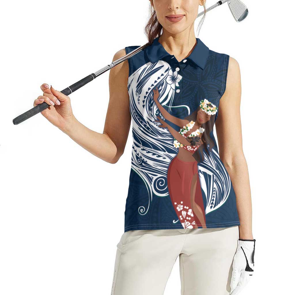 Tahiti Islands Polynesian Plumeria Women Sleeveless Polo Shirt Tahitian Vahine 'Ote'a - Navy Blue LT7 - Polynesian Pride