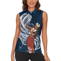 Tahiti Islands Polynesian Plumeria Women Sleeveless Polo Shirt Tahitian Vahine 'Ote'a - Navy Blue LT7 - Polynesian Pride
