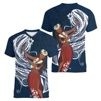 Tahiti Islands Polynesian Plumeria Women V-Neck T-Shirt Tahitian Vahine 'Ote'a - Navy Blue LT7 - Polynesian Pride