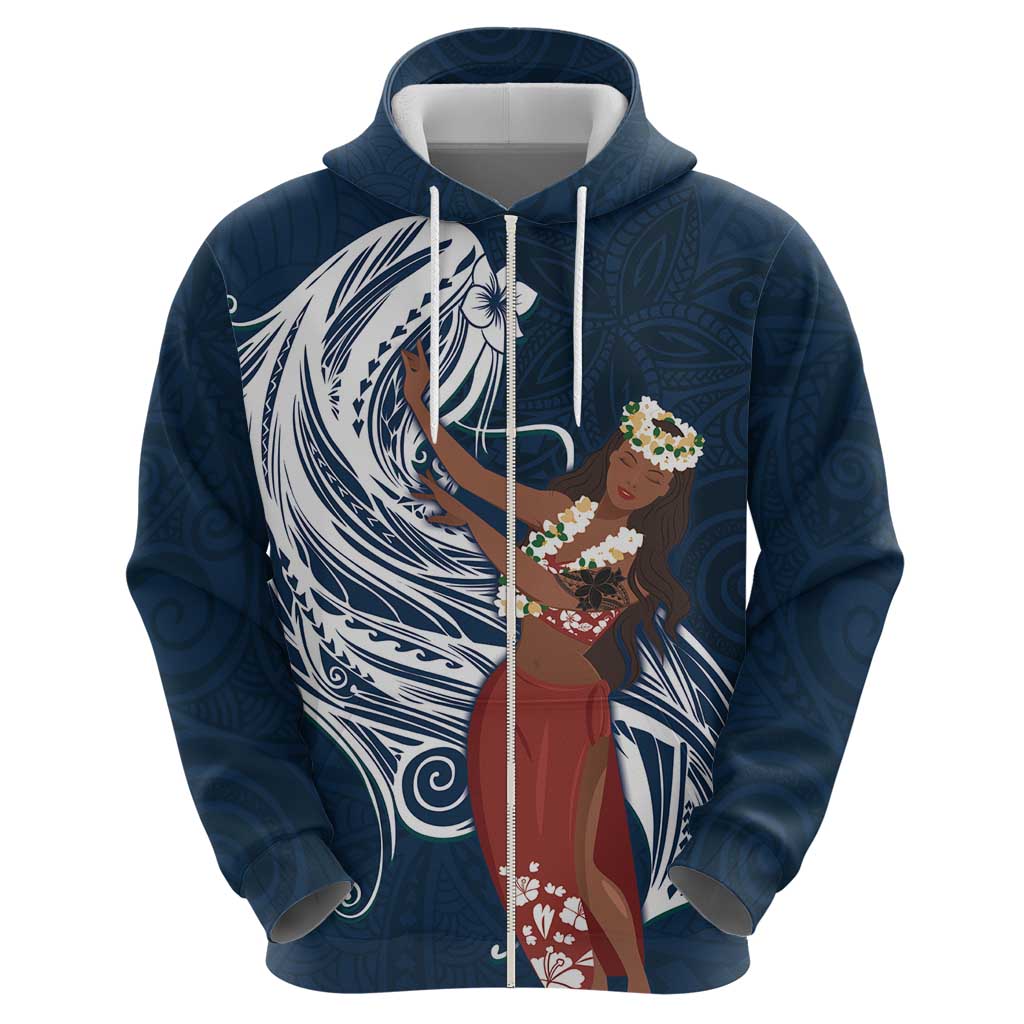 Tahiti Islands Polynesian Plumeria Zip Hoodie Tahitian Vahine 'Ote'a - Navy Blue LT7 - Polynesian Pride