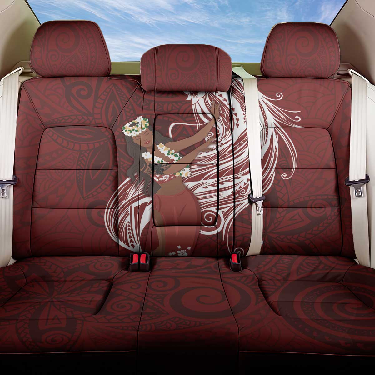 Tahiti Islands Polynesian Plumeria Back Car Seat Cover Tahitian Vahine 'Ote'a - Scarlet LT7 One Size Red - Polynesian Pride
