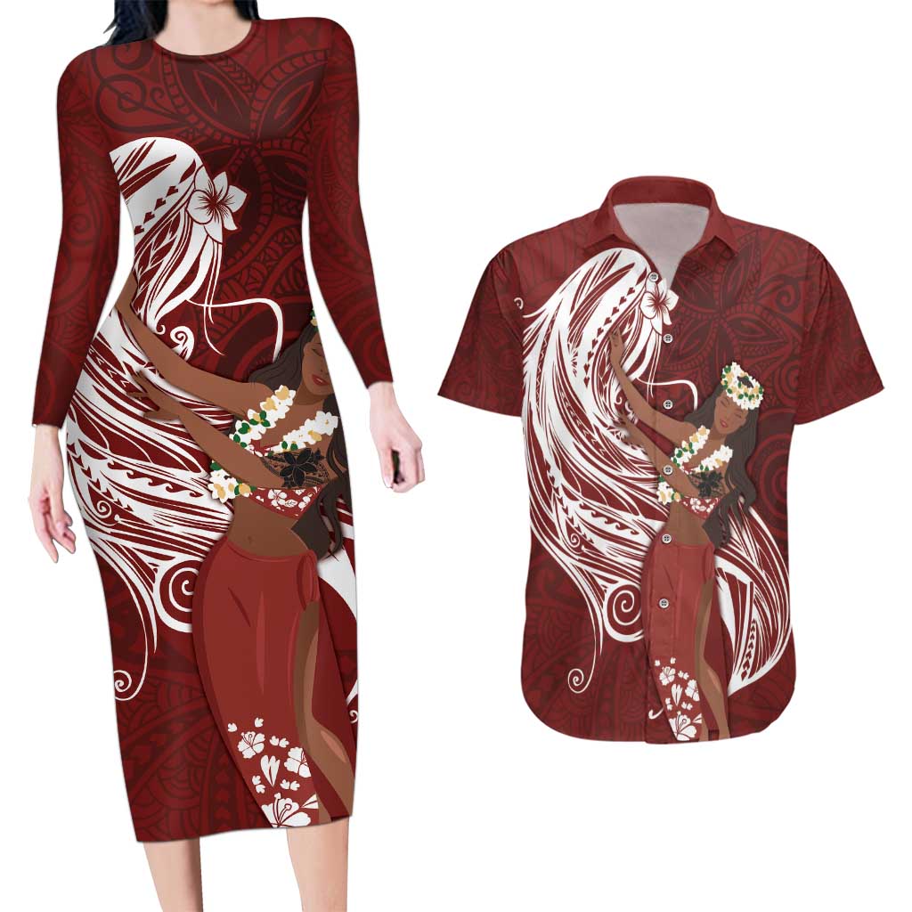 Tahiti Islands Polynesian Plumeria Couples Matching Long Sleeve Bodycon Dress and Hawaiian Shirt Tahitian Vahine 'Ote'a - Scarlet LT7 Red - Polynesian Pride