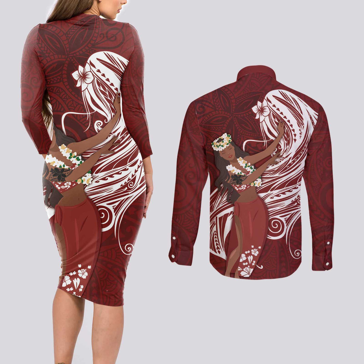 Tahiti Islands Polynesian Plumeria Couples Matching Long Sleeve Bodycon Dress and Long Sleeve Button Shirt Tahitian Vahine 'Ote'a - Scarlet LT7 - Polynesian Pride