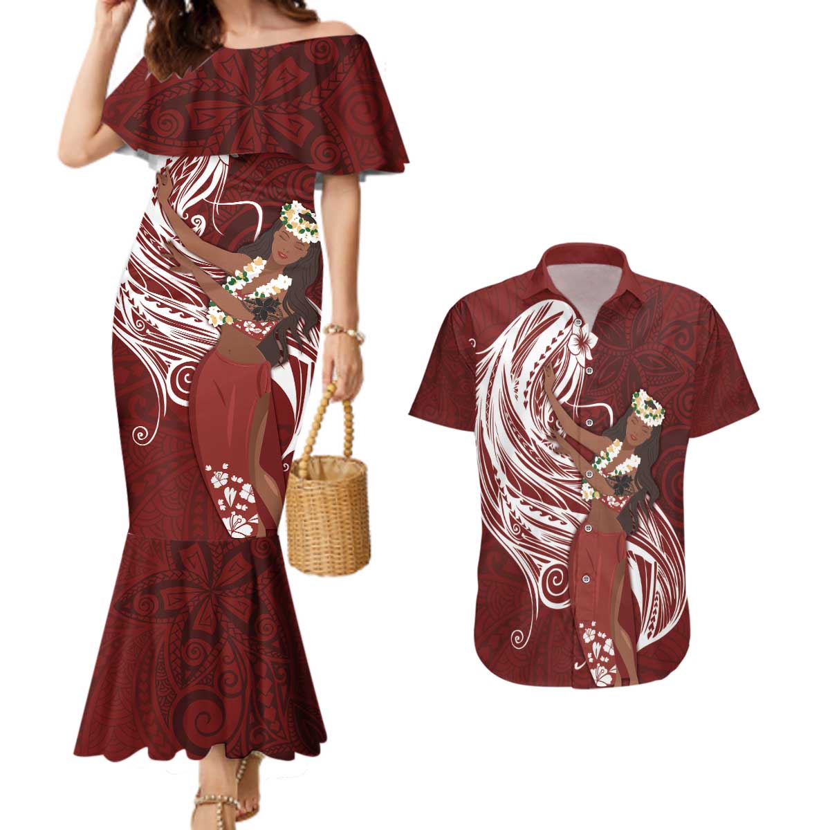Tahiti Islands Polynesian Plumeria Couples Matching Mermaid Dress and Hawaiian Shirt Tahitian Vahine 'Ote'a - Scarlet LT7 Red - Polynesian Pride