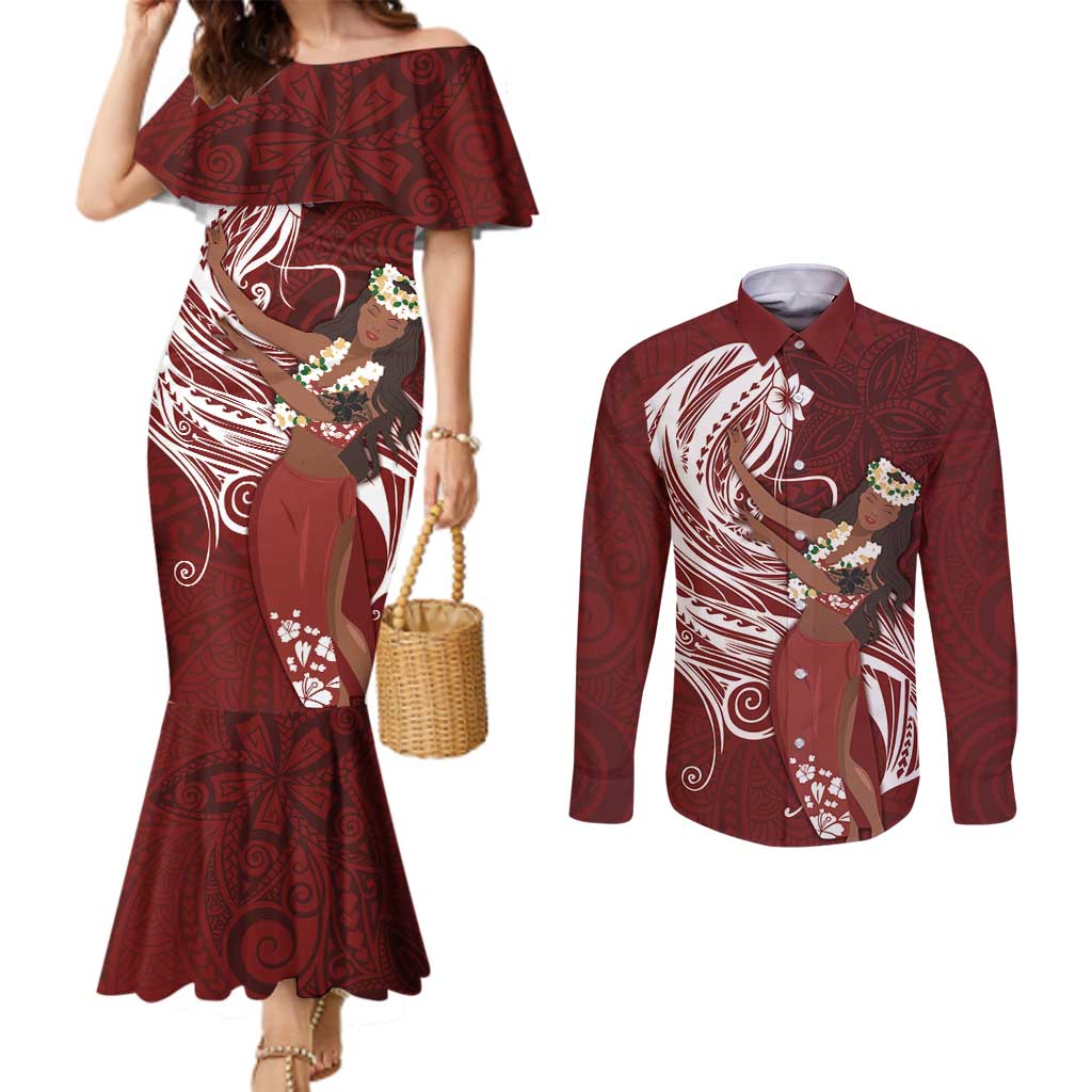 Tahiti Islands Polynesian Plumeria Couples Matching Mermaid Dress and Long Sleeve Button Shirt Tahitian Vahine 'Ote'a - Scarlet LT7 Red - Polynesian Pride