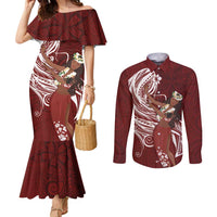 Tahiti Islands Polynesian Plumeria Couples Matching Mermaid Dress and Long Sleeve Button Shirt Tahitian Vahine 'Ote'a - Scarlet LT7 Red - Polynesian Pride