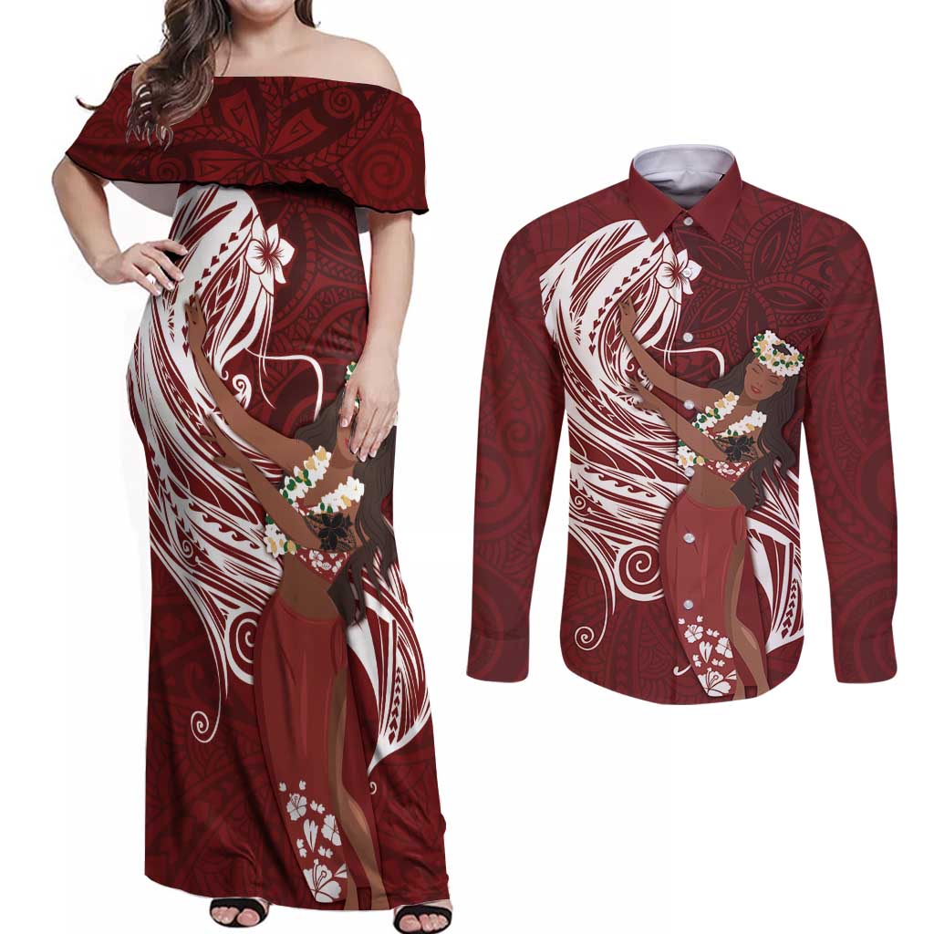 Tahiti Islands Polynesian Plumeria Couples Matching Off Shoulder Maxi Dress and Long Sleeve Button Shirt Tahitian Vahine 'Ote'a - Scarlet LT7 Red - Polynesian Pride