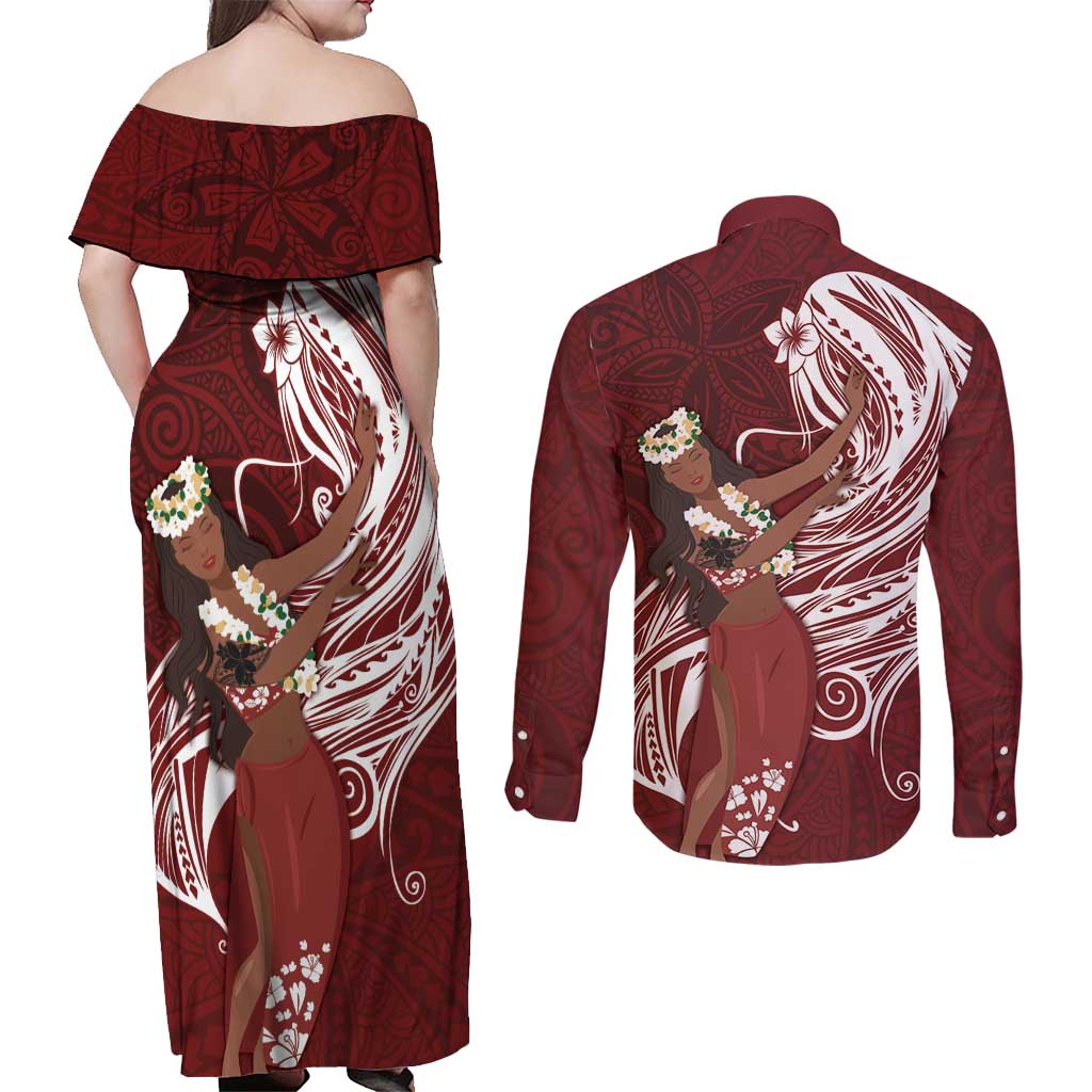 Tahiti Islands Polynesian Plumeria Couples Matching Off Shoulder Maxi Dress and Long Sleeve Button Shirt Tahitian Vahine 'Ote'a - Scarlet LT7 - Polynesian Pride